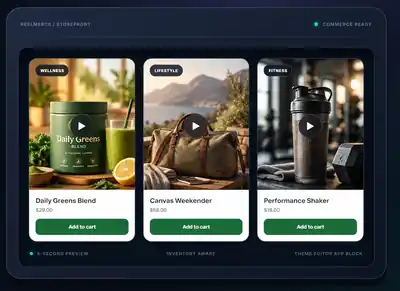 Reelmerce storefront showing shoppable video cards for wellness, lifestyle and fitness products with product prices and add-to-cart actions.